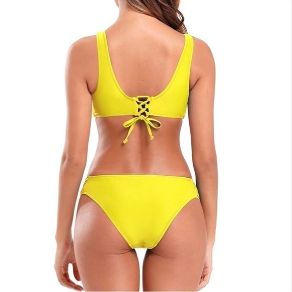 Nwt SHEKINI Twist Front Yellow Lace Up Bikini Ruched Bottoms - Picture 3 of 16